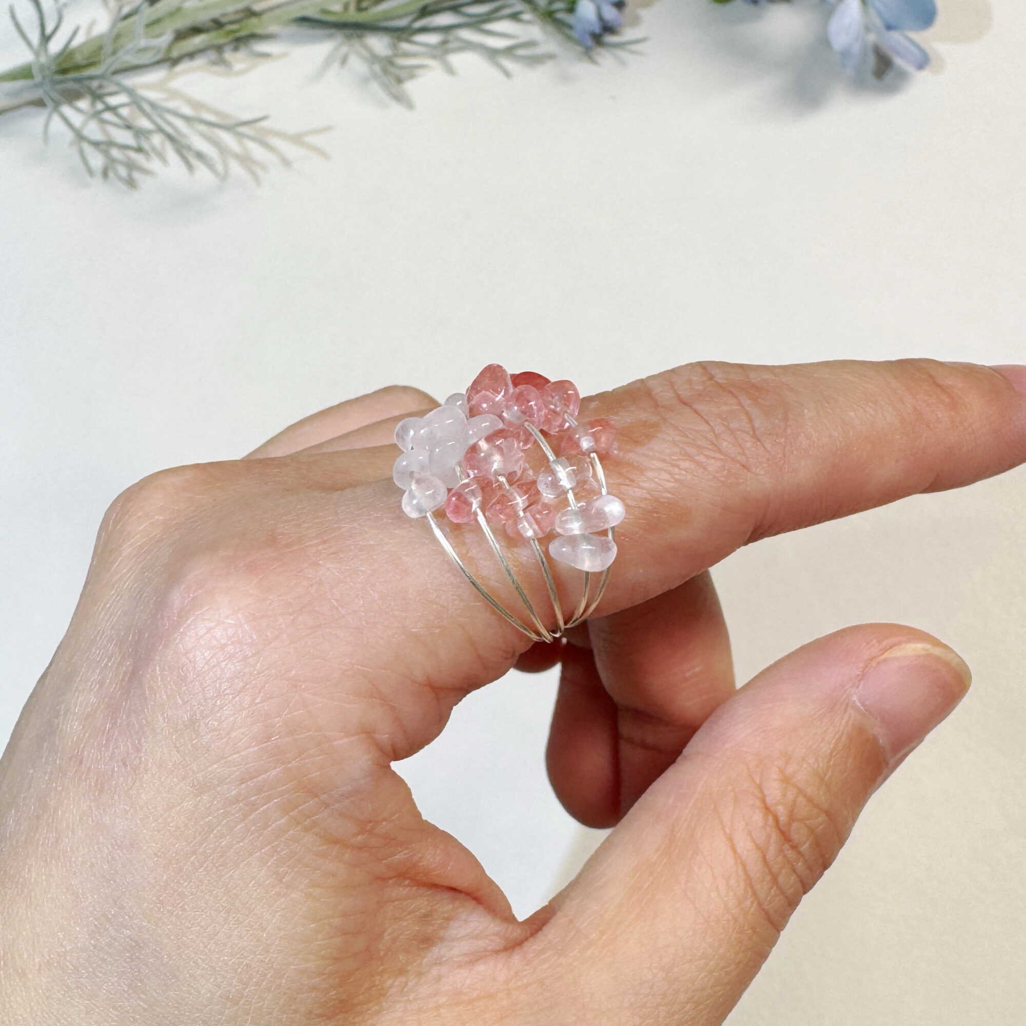 product8-03 Pink Crystal Cluster Wire-Wrapped Ring