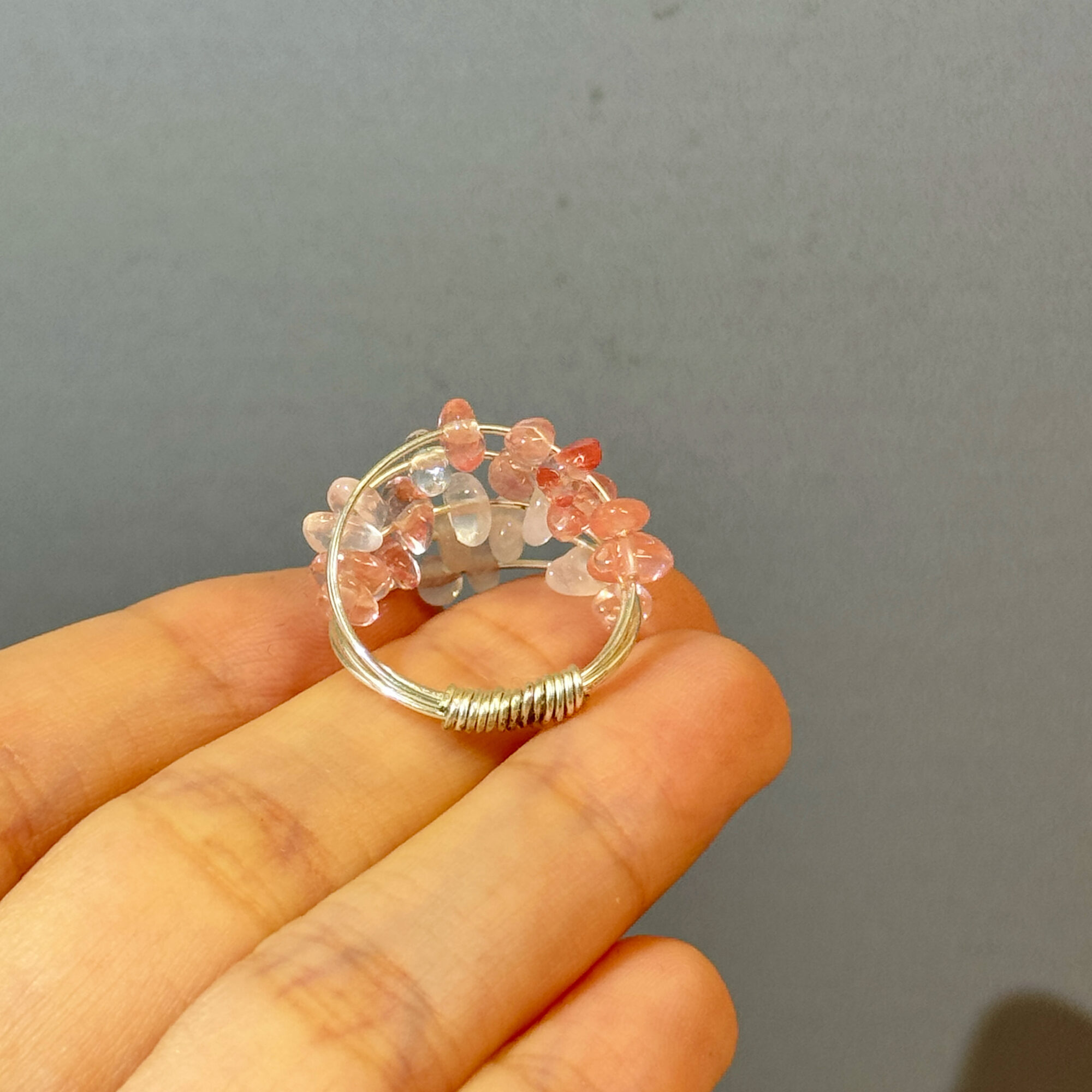 product8-05 Pink Crystal Cluster Wire-Wrapped Ring