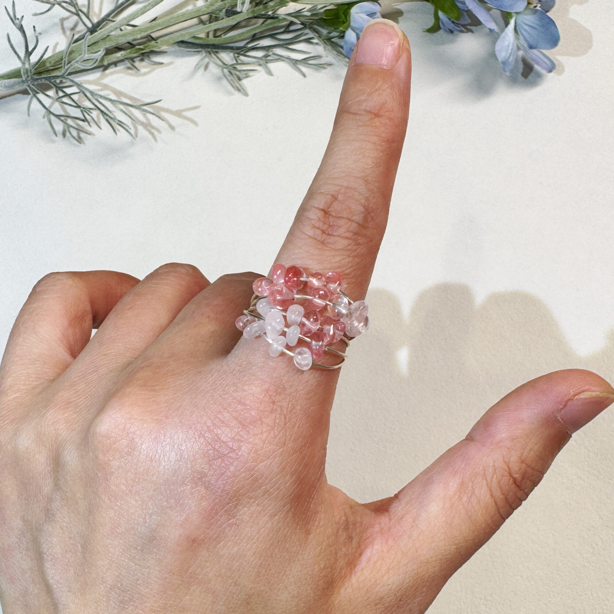 product8-07 Pink Crystal Cluster Wire-Wrapped Ring
