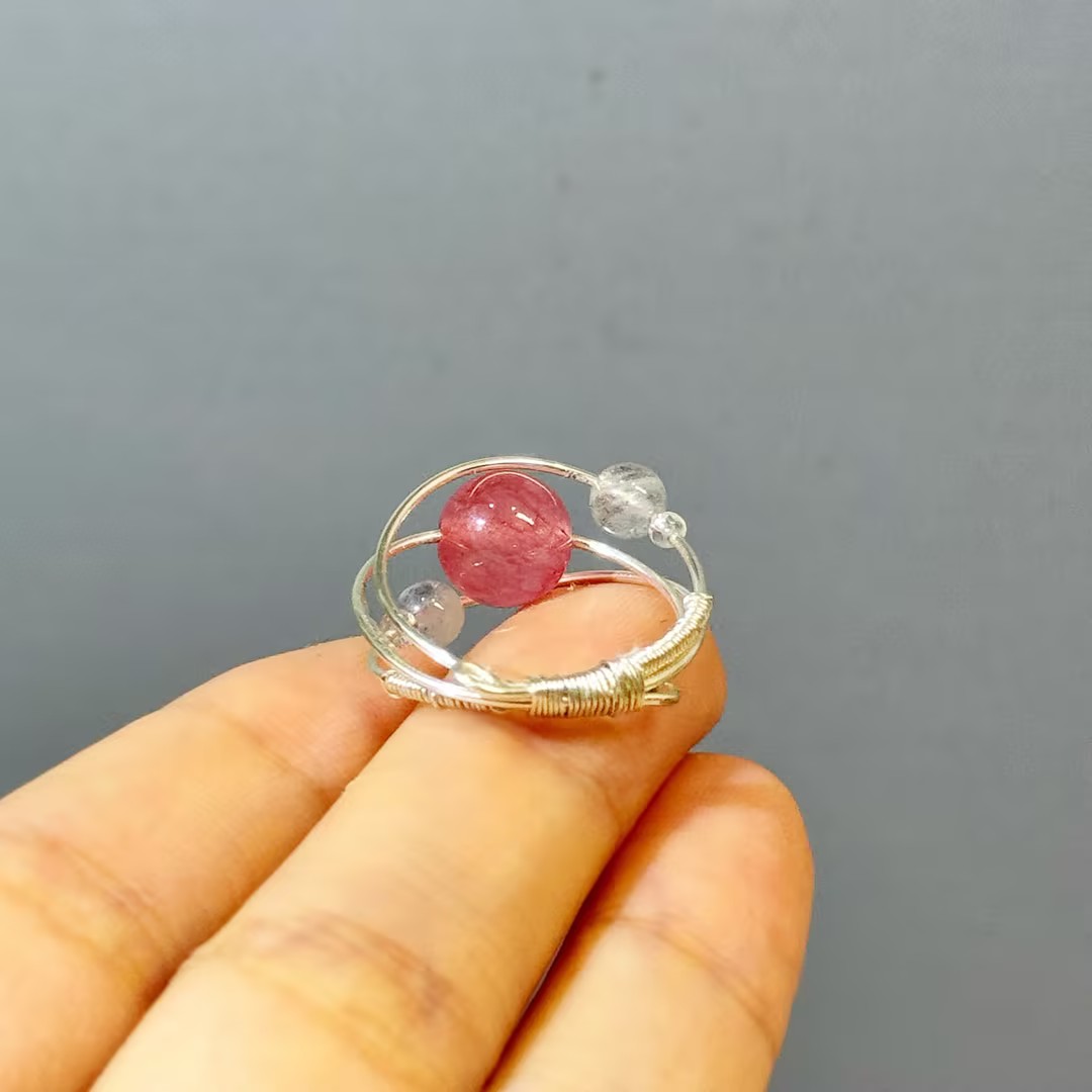 Pink Crystal Orbit Wire-Wrapped Ring