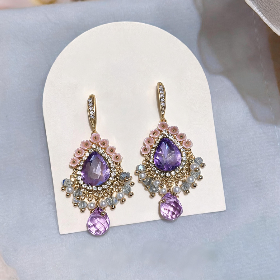 Gold Wire Purple & Blue Stone Teardrop Earrings