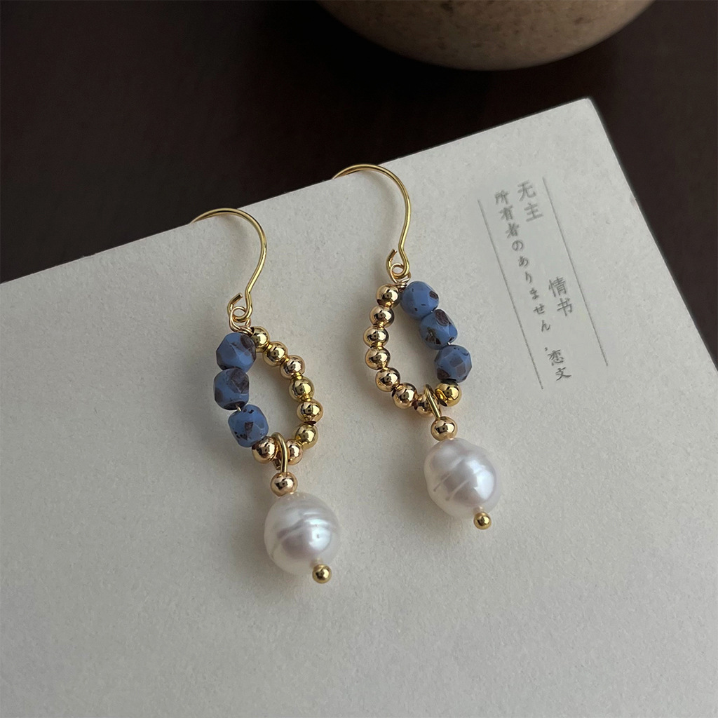 Gold Wire Blue Stone & Ivory Bead Drop Earrings
