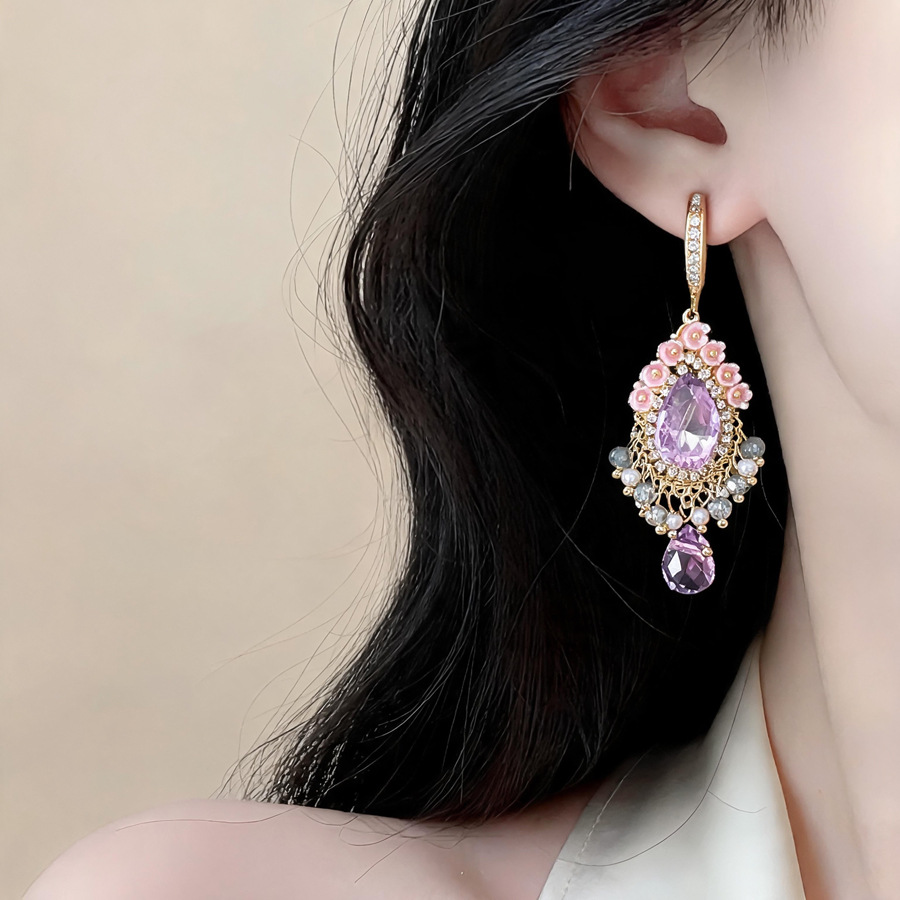 Gold Wire Purple & Blue Stone Teardrop Earrings