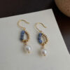 Gold Wire Blue Stone & Ivory Bead Drop Earrings