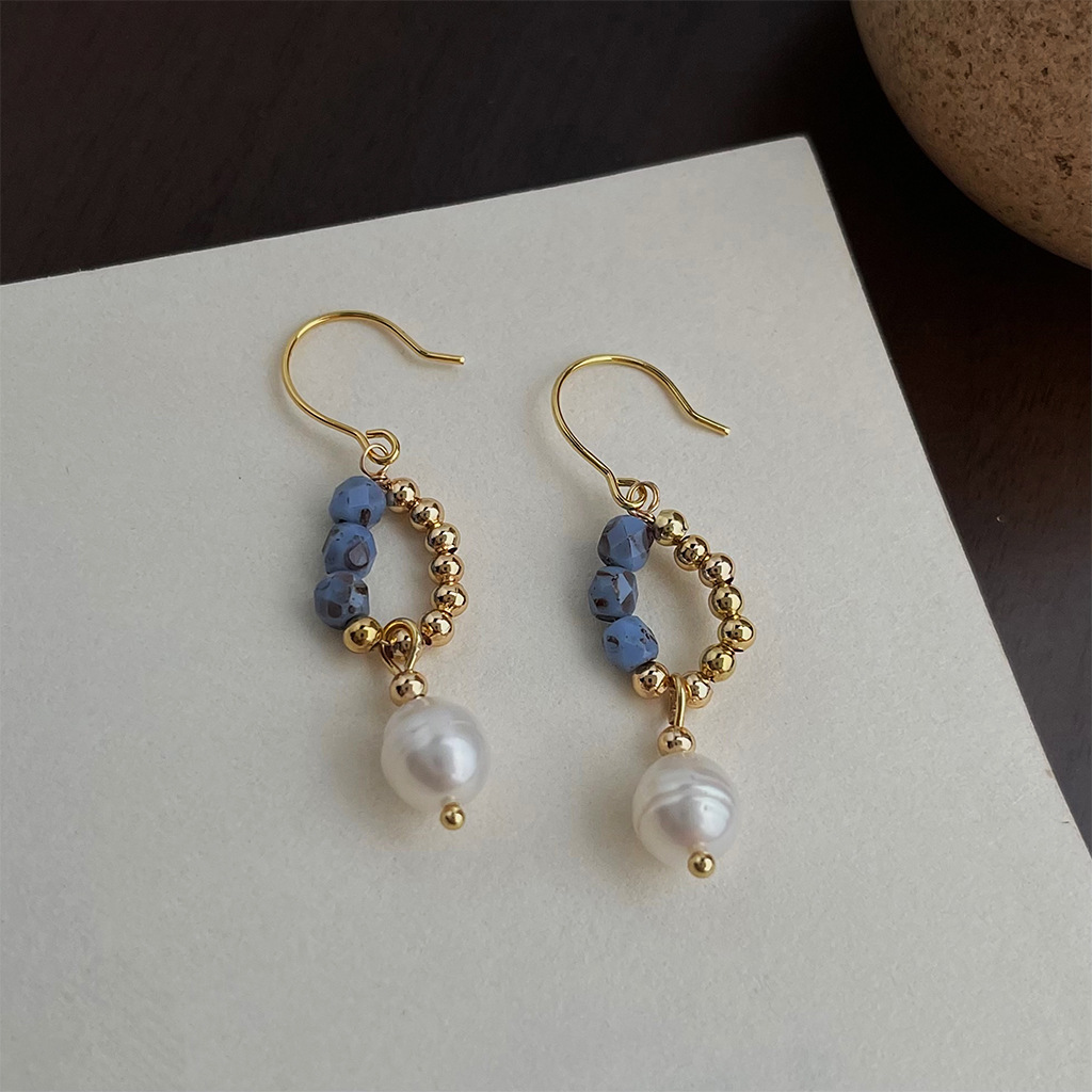 Gold Wire Blue Stone & Ivory Bead Drop Earrings