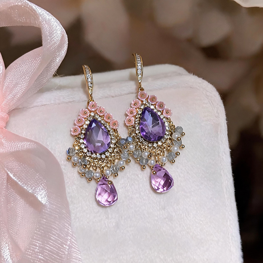 Gold Wire Purple & Blue Stone Teardrop Earrings