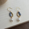 Gold Wire Blue Stone & Ivory Bead Drop Earrings