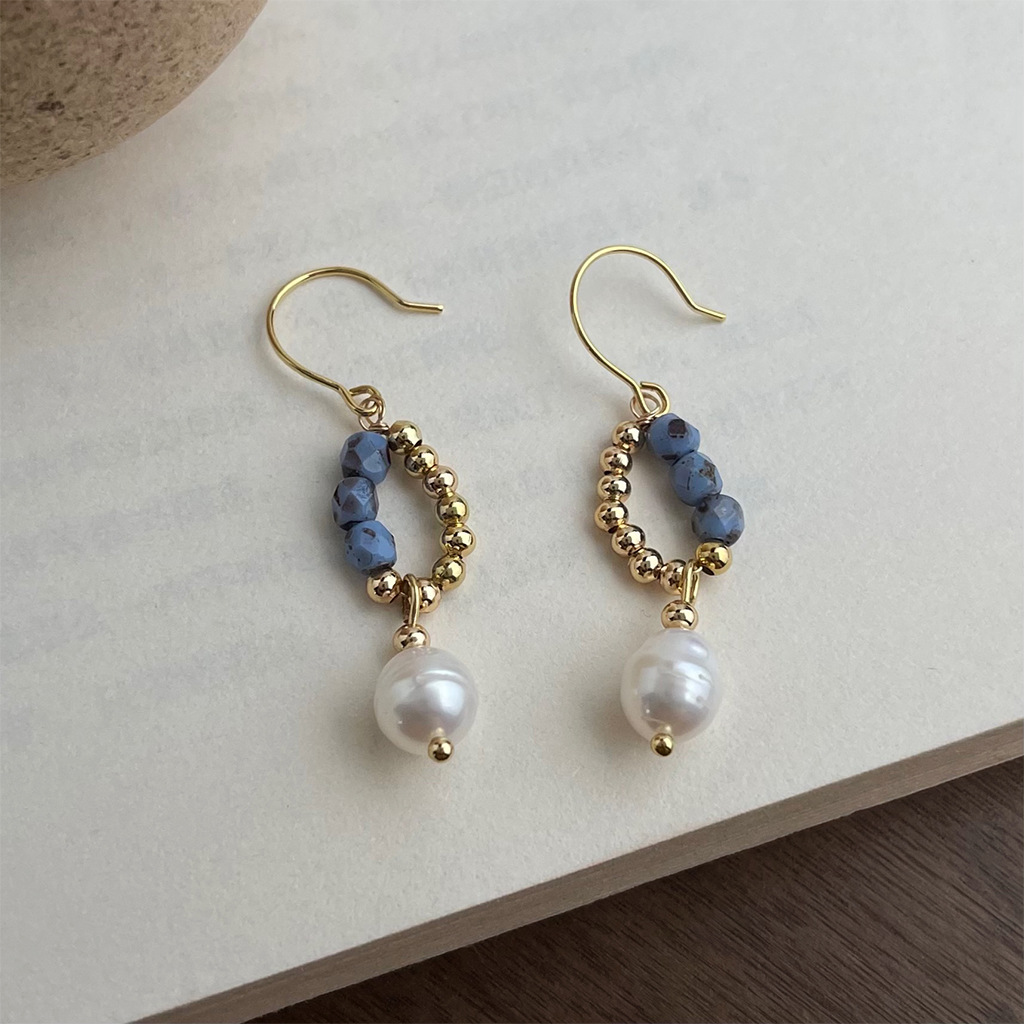Gold Wire Blue Stone & Ivory Bead Drop Earrings