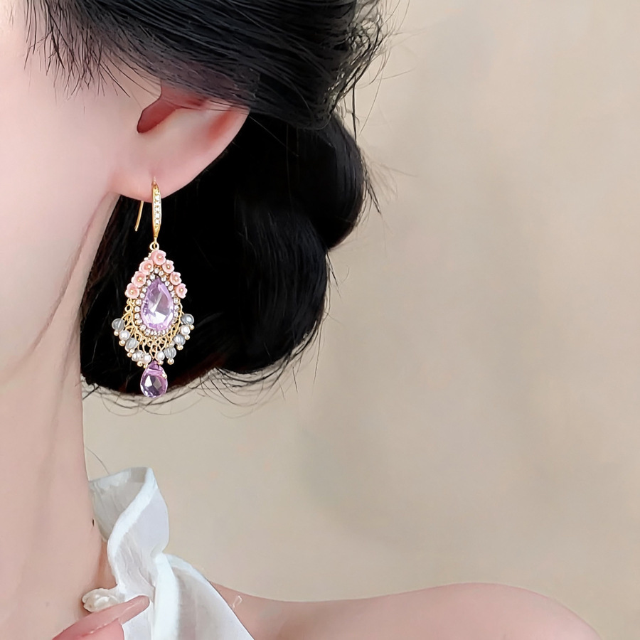 Gold Wire Purple & Blue Stone Teardrop Earrings