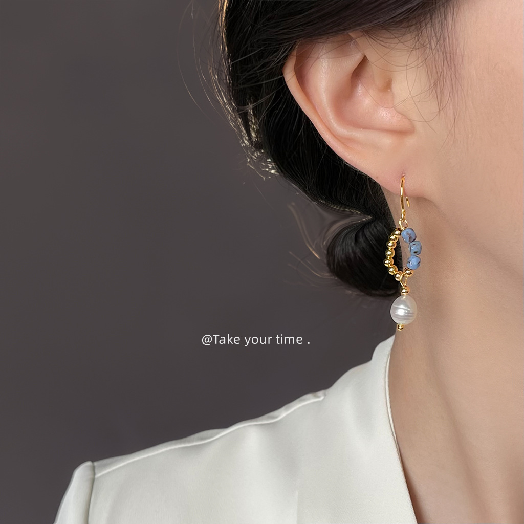 Gold Wire Blue Stone & Ivory Bead Drop Earrings