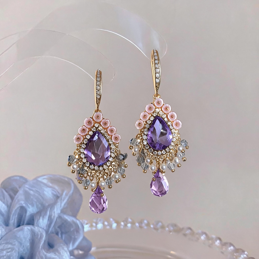 Gold Wire Purple & Blue Stone Teardrop Earrings