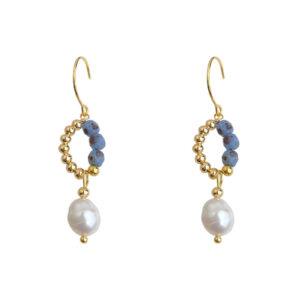 Gold Wire Blue Stone & Ivory Bead Drop Earrings