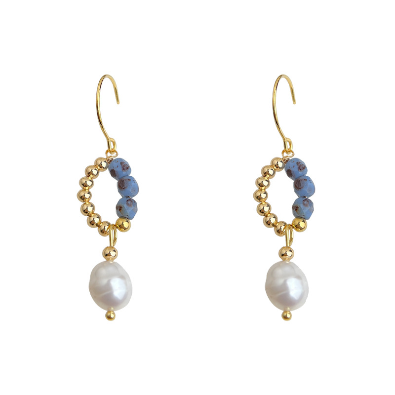 Gold Wire Blue Stone & Ivory Bead Drop Earrings