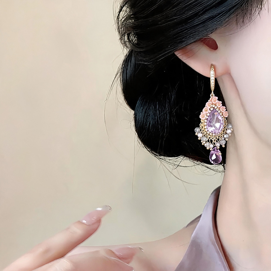 Gold Wire Purple & Blue Stone Teardrop Earrings