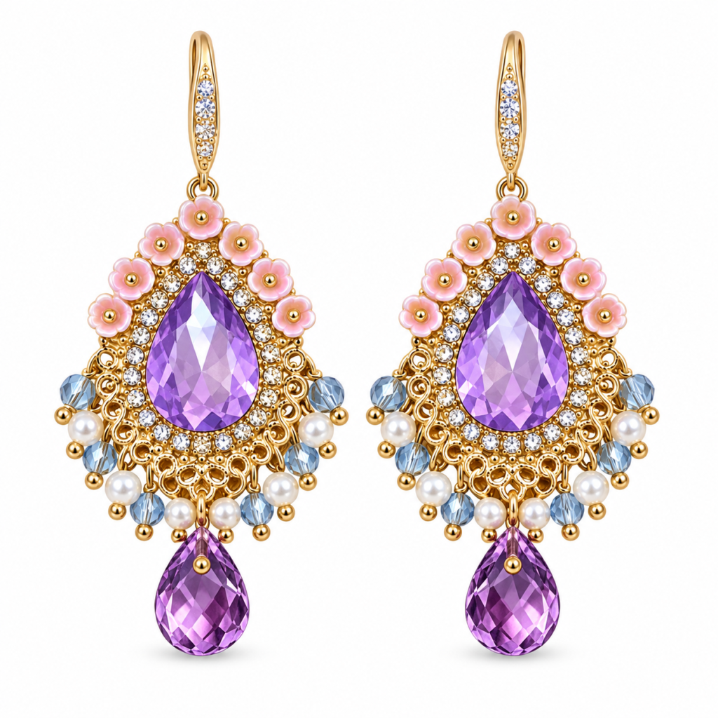 Gold Wire Purple & Blue Stone Teardrop Earrings