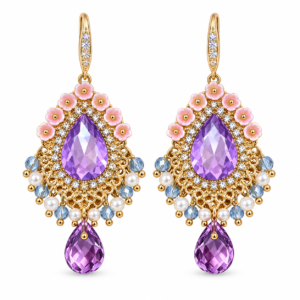Gold Wire Purple & Blue Stone Teardrop Earrings