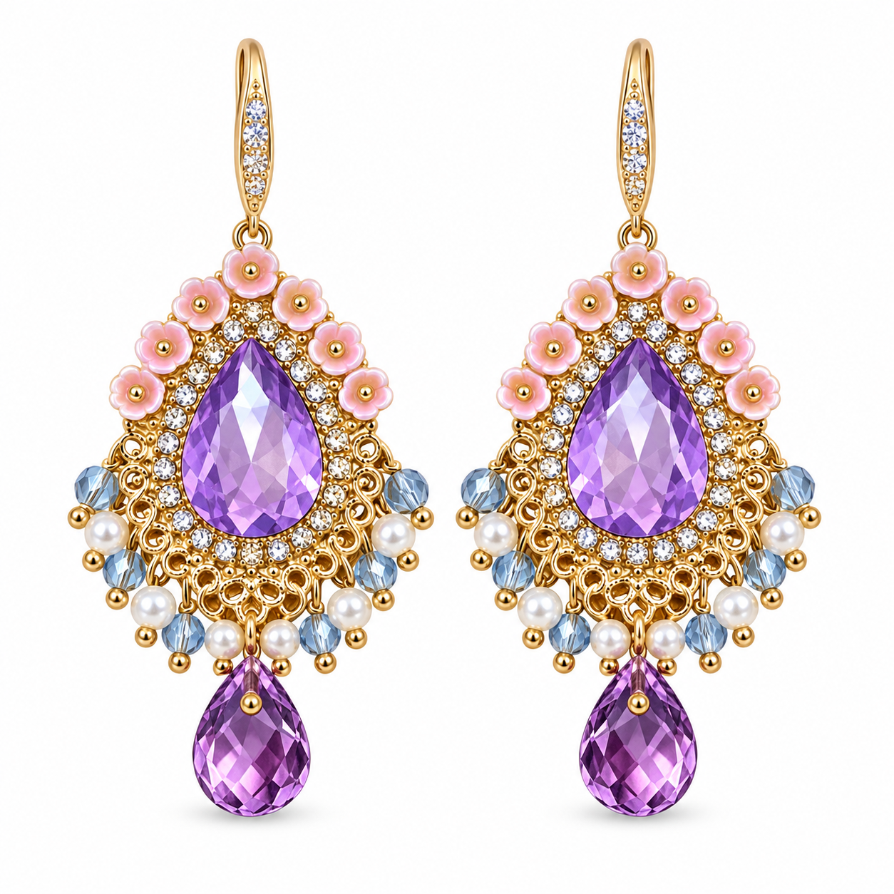 Gold Wire Purple & Blue Stone Teardrop Earrings