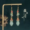 Sage Green & Coral Red enamel floral faux-jade drop earrings, style CP365