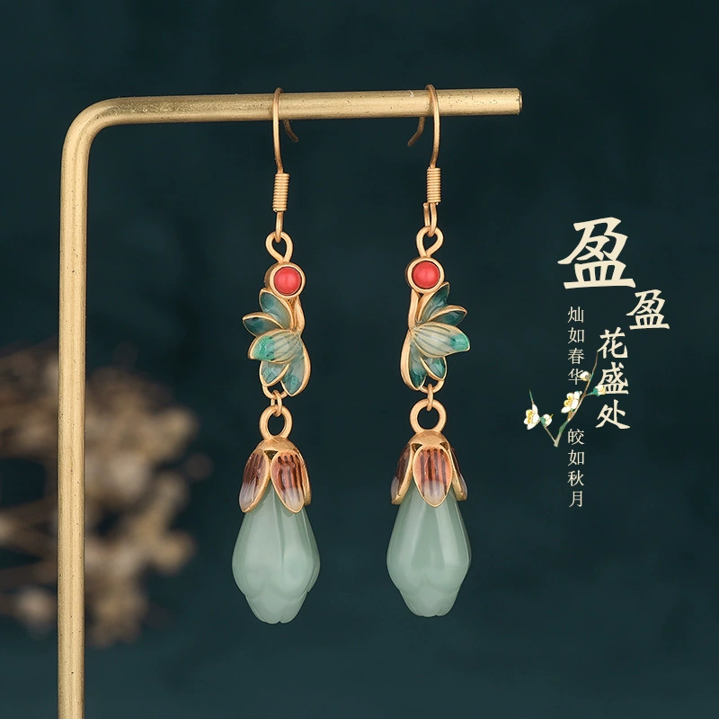 Sage Green & Coral Red enamel floral faux-jade drop earrings, style CP365