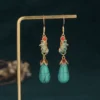 Turquoise Blue & Coral Red enamel floral faux-jade drop earrings, style CP437