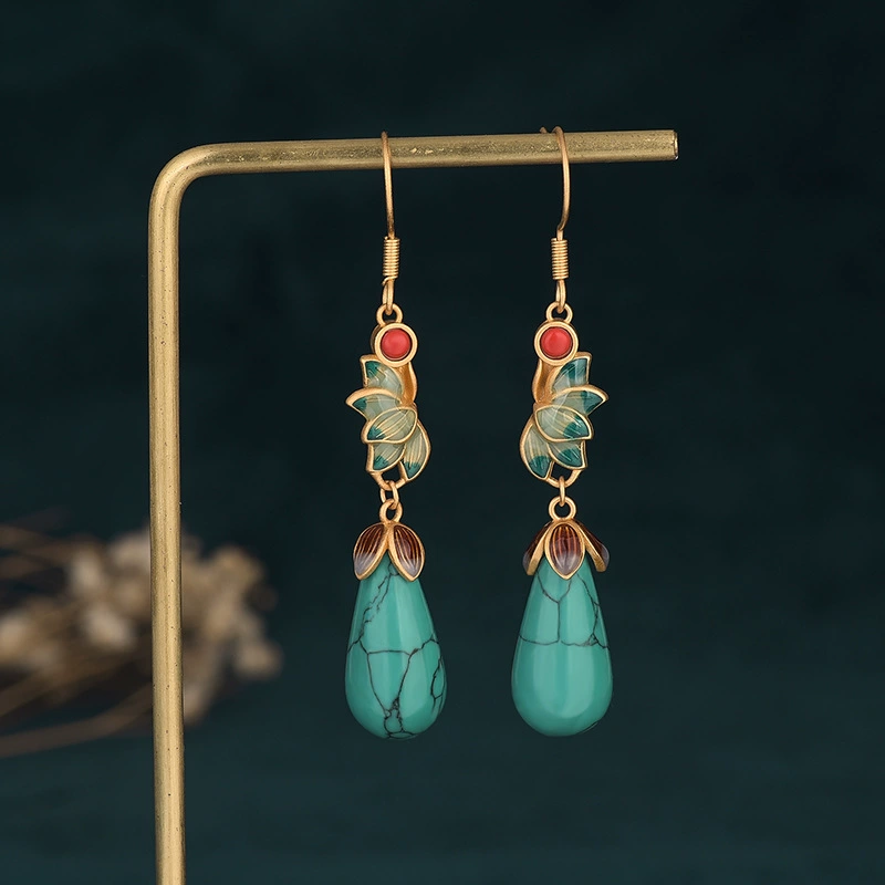 Turquoise Blue & Coral Red enamel floral faux-jade drop earrings, style CP437