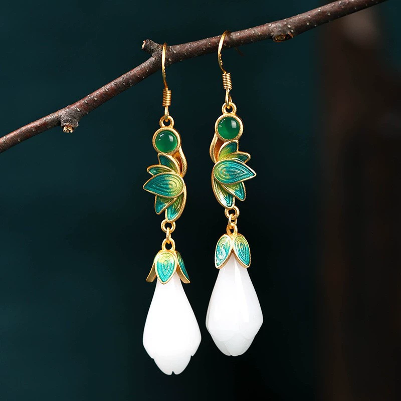Emerald Green & Ivory enamel floral faux-jade drop earrings, style CP441
