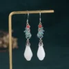 Silver-Tone Ivory & Red enamel floral faux-jade drop earrings, style CP463