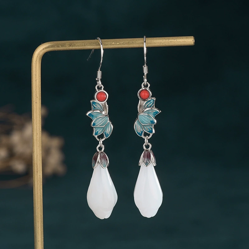 Silver-Tone Ivory & Red enamel floral faux-jade drop earrings, style CP463