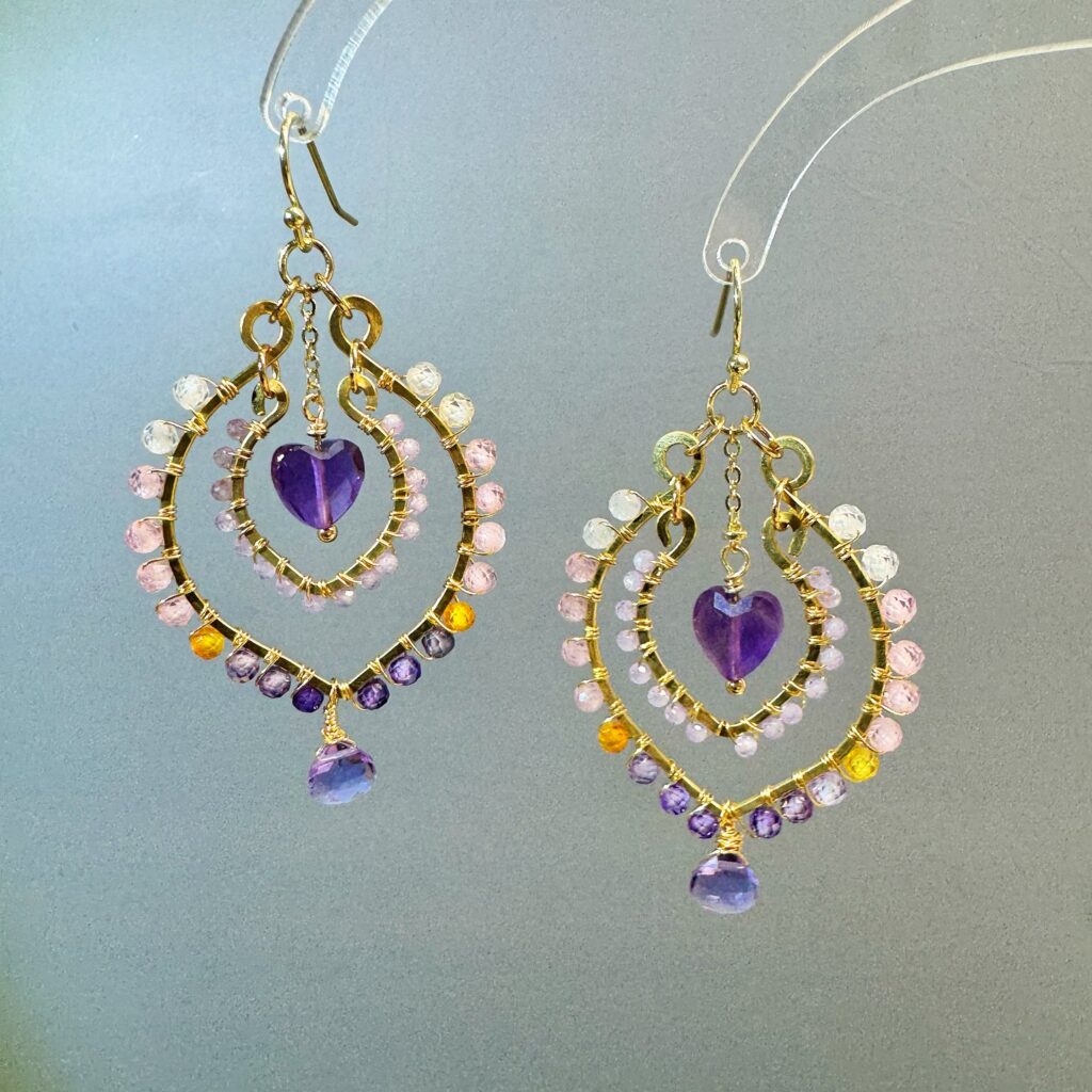 Gold Wire Heart Gemstone Drop Earrings