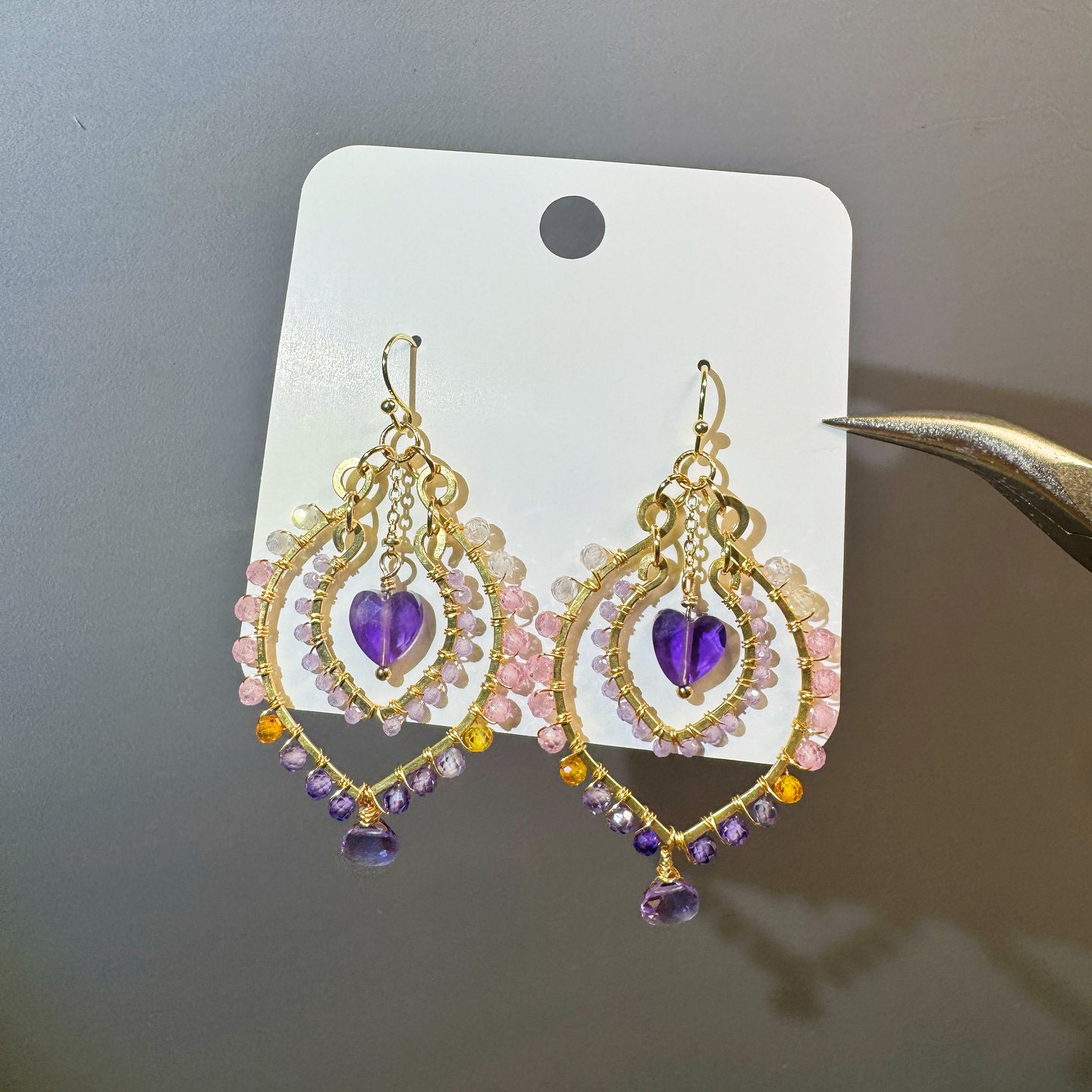 Gold Wire Heart Gemstone Drop Earrings