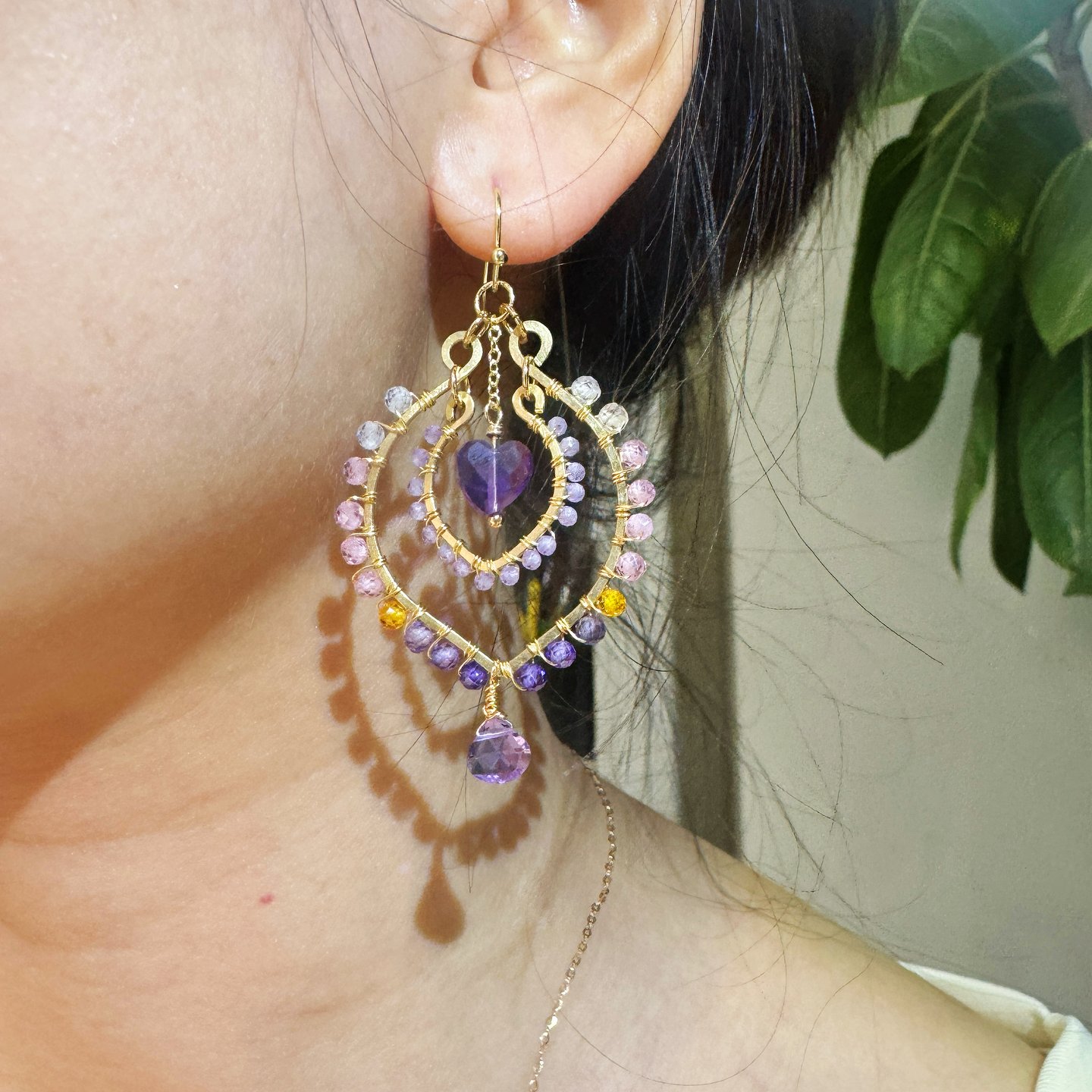 Gold Wire Heart Gemstone Drop Earrings