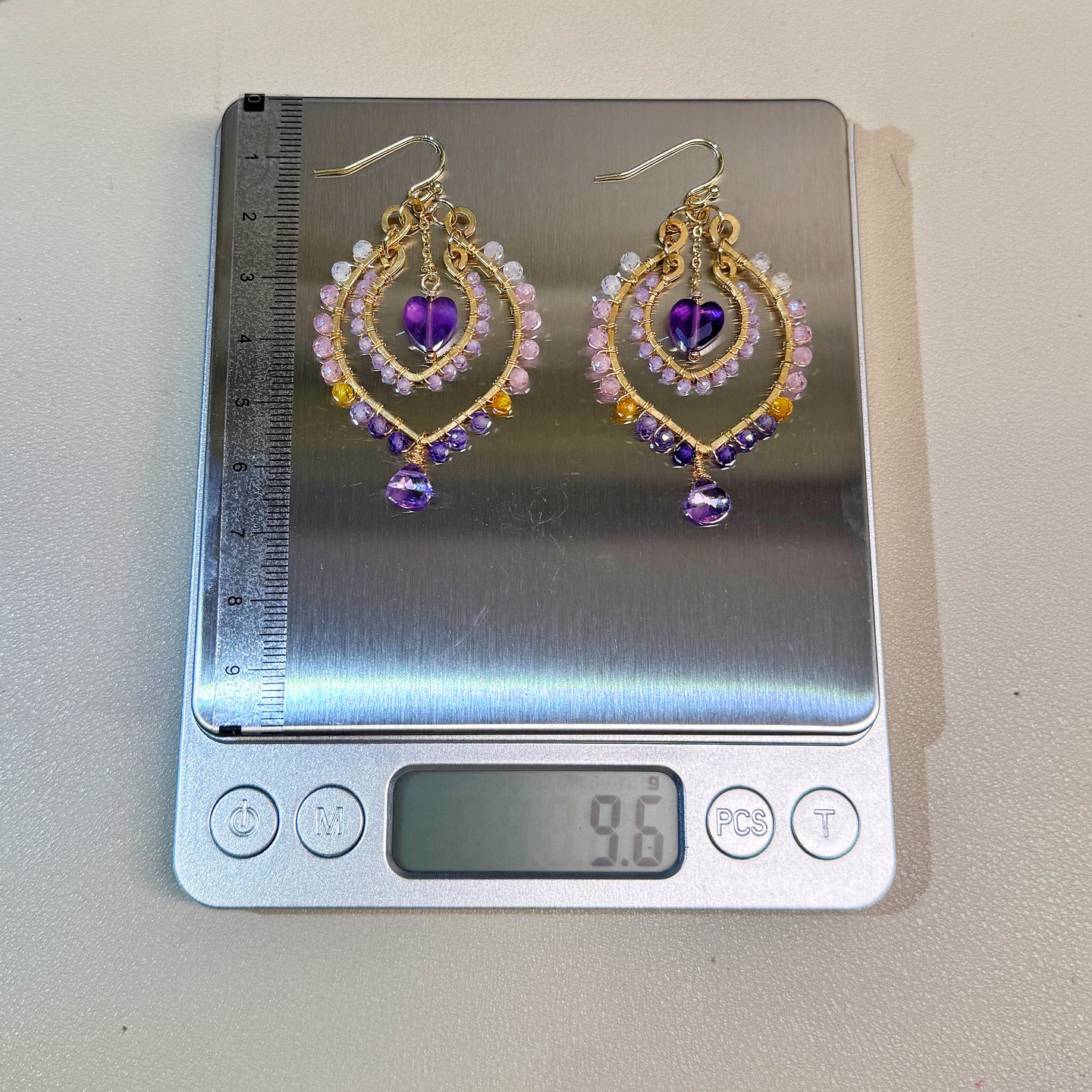 Gold Wire Heart Gemstone Drop Earrings